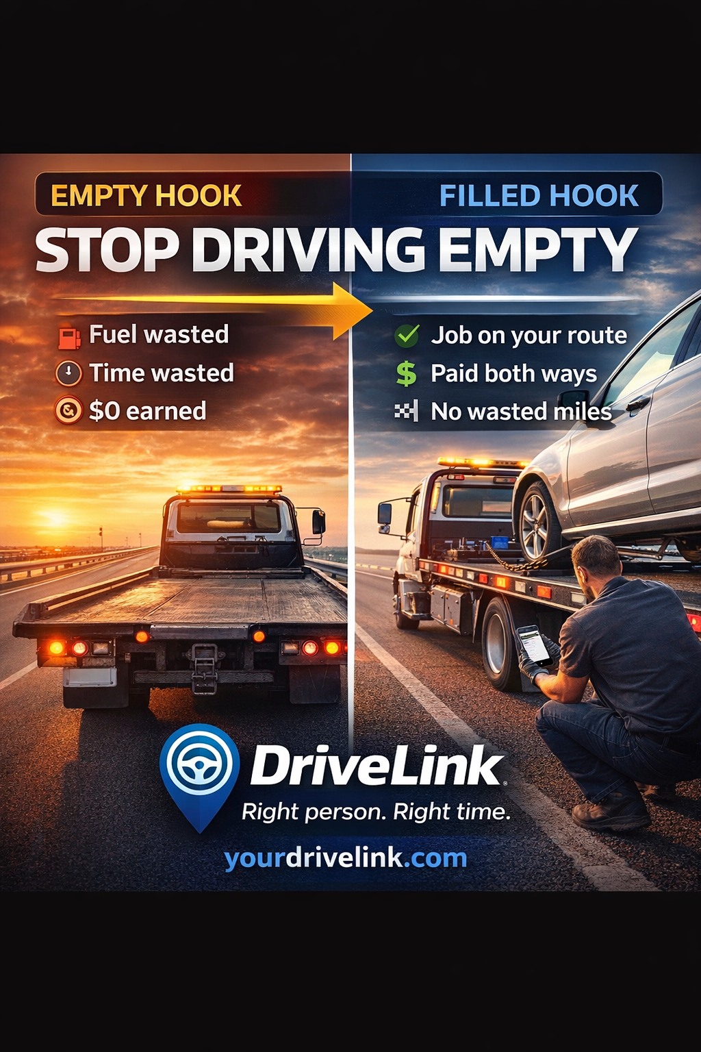 Stop Driving Empty — Empty Hook vs Filled Hook. DriveLink fills your return trip.